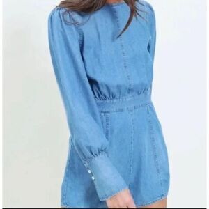 NWT Something Navy Chambray Short Romper Long Sleeve Pearl Buttons Size Large